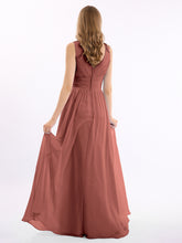 Long Chiffon Dress with V Neck & Pleated Upper Bodice Terracotta