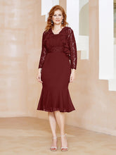 Sheath Scoop Neckline Tea-Length Chiffon Dress with Lace Burgundy
