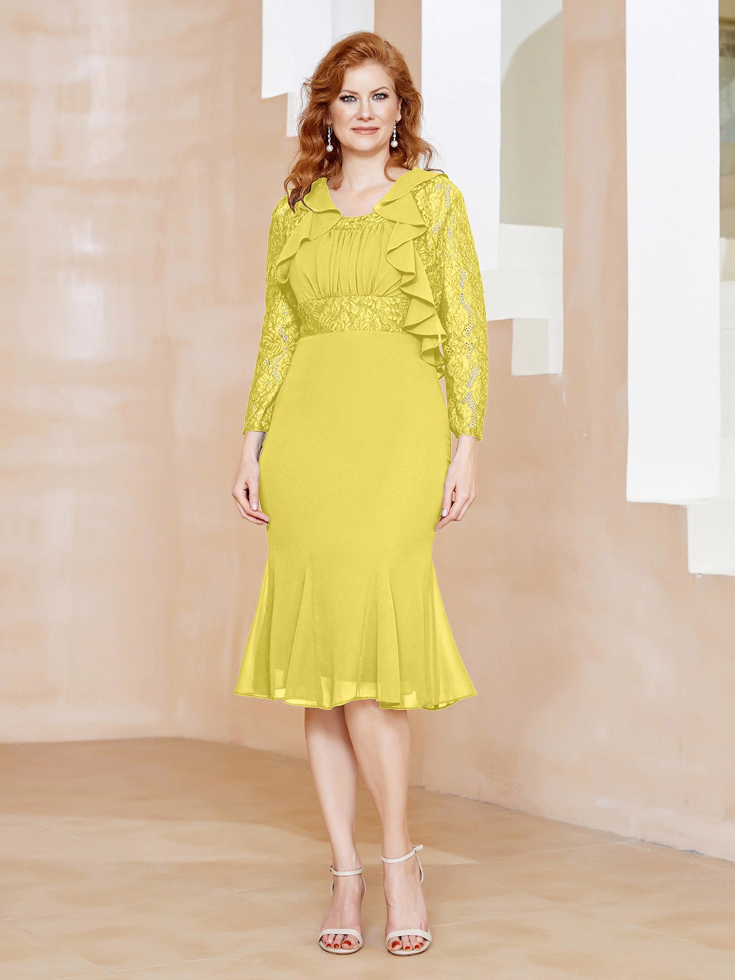 Lace and Chiffon v-NECK Dress with Slit Lemon