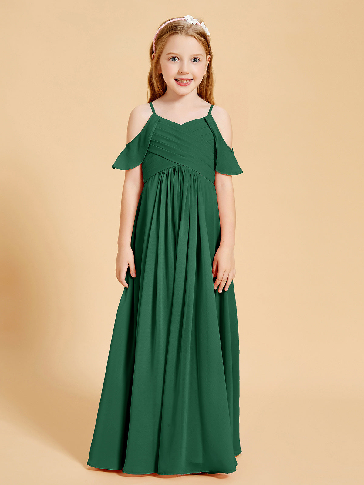 BABARONI Chiffon Dark Green Junior Bridesmaid Dresses A-line Off-the-shoulder Flutter Sleeves BABARONI UK BABARONI Chiffon Dark Green Junior Bridesmaid Dresses A-line Off-the-shoulder Flutter Sleeves BABARONI UK
