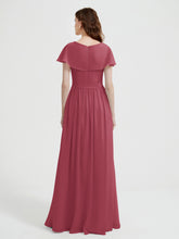 Cap Sleeves V-neck Chiffon Dress with Slit Cinnamon Rose