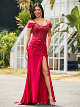 Off shoulder Mermaid Stretch Satin Gown Burgundy