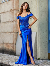 Off shoulder Mermaid Stretch Satin Gown Royal Blue