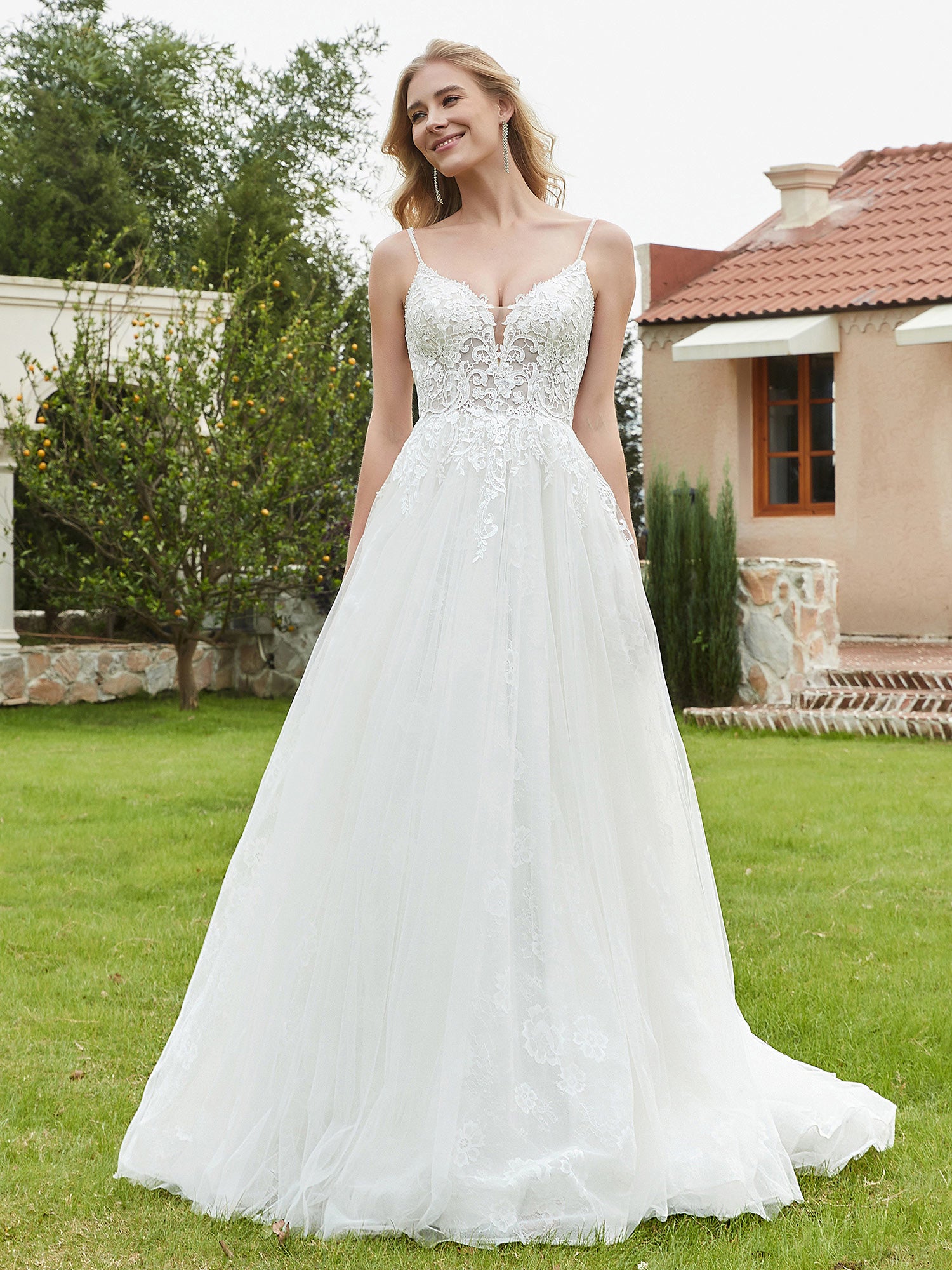 Plunging V Neck Lace Appliqued Wedding Dress Ivory BABARONI