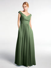 V-neck Off shoulder Maxi Dress with Pockets Olive Green