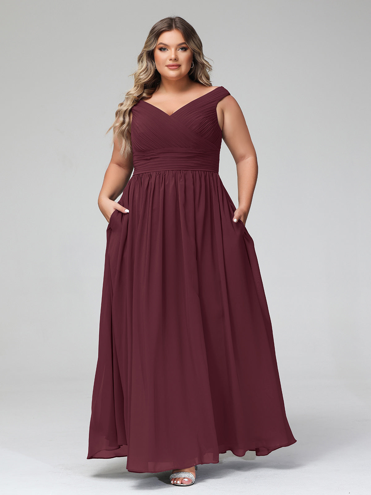 V neck Off shoulder Maxi Dress with Pockets Cabernet Plus Size Cabernet UK22