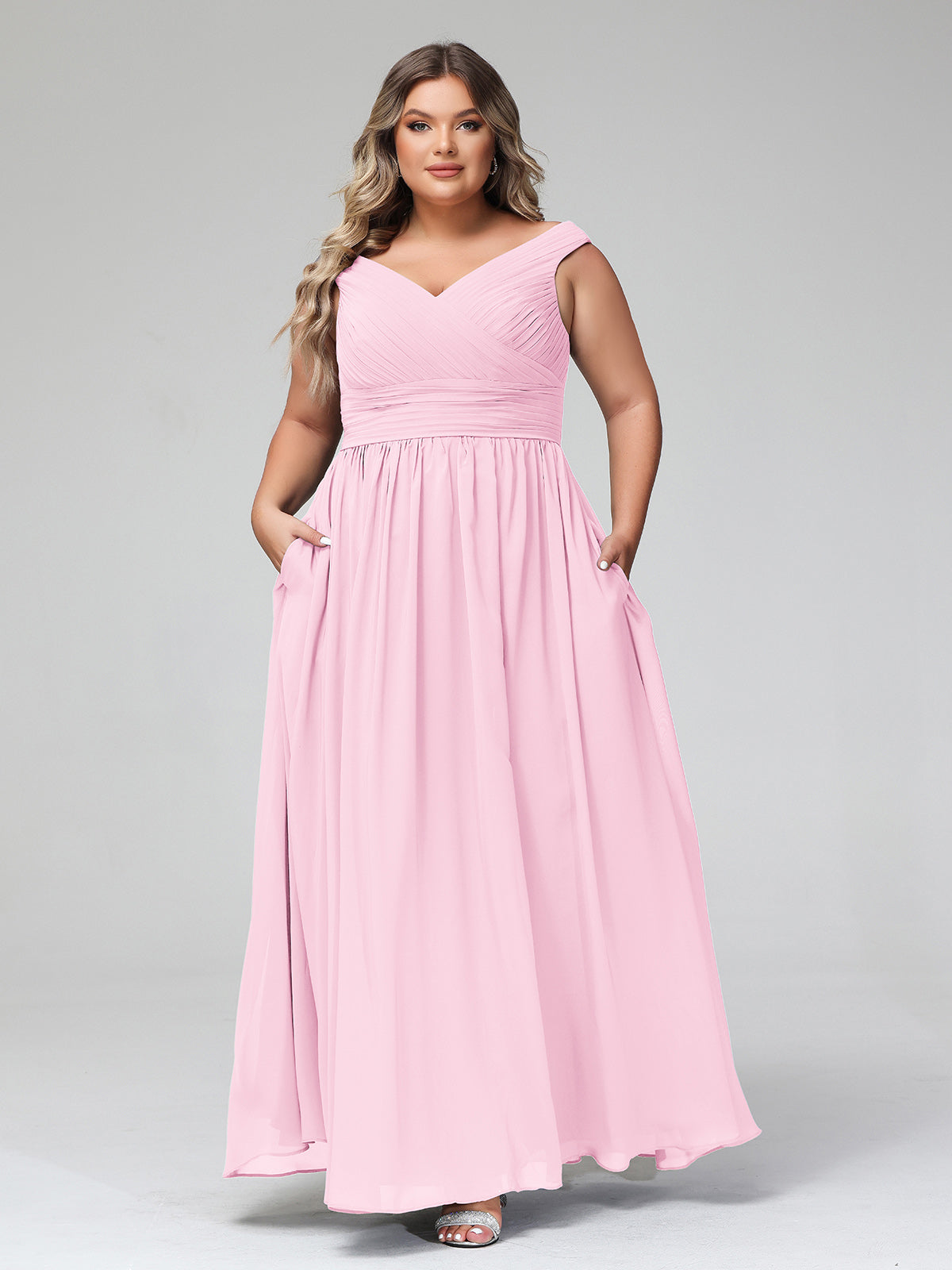 V neck Off shoulder Maxi Dress with Pockets Candy Pink Plus Size Candy Pink UK22