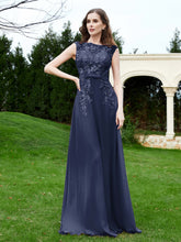 A-Line Chiffon Dress with Flower Appliqued Dark Navy