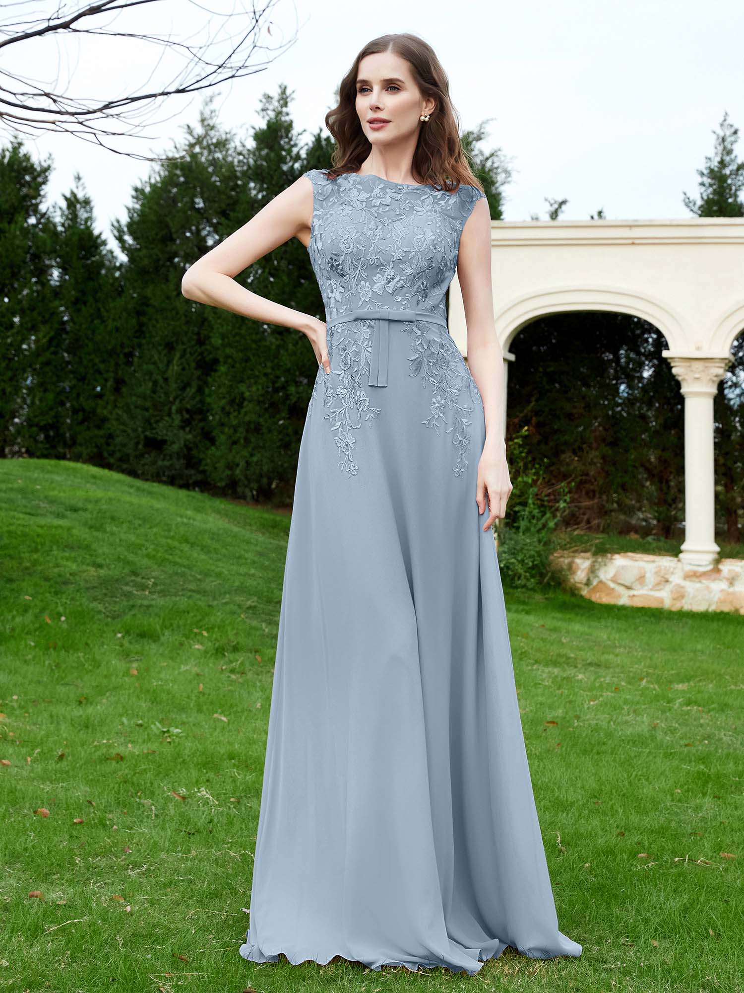 BABARONI Chiffon Lace Dusty Blue Bridesmaid Dresses A-line Illusion
