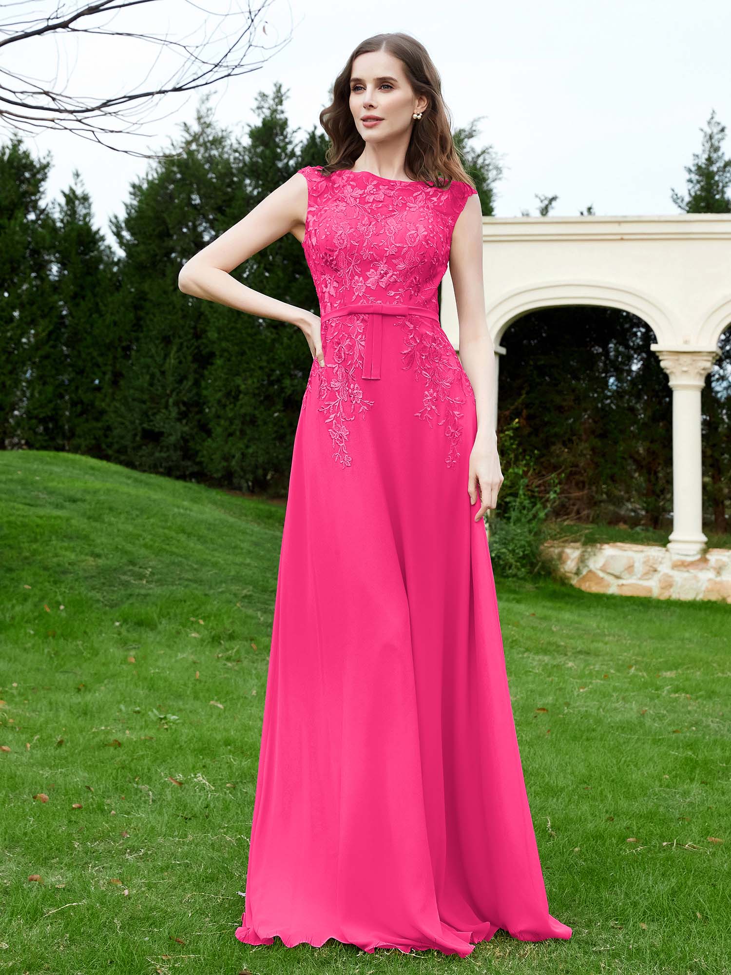 Dreamyannie Floral Fuchsia Appliqued V Neck Long Mother Of The Bride Dress With Sleeves main image 0
