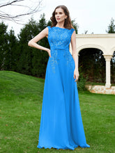 A-Line Chiffon Dress with Flower Appliqued Ocean Blue