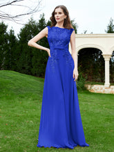 A-Line Chiffon Dress with Flower Appliqued Royal Blue
