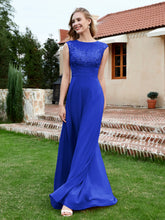 A-Line Chiffon Dress with Illusion Neckline Royal Blue