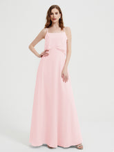 Long Chiffon Bridesmaid Dresses with Spaghetti Strap Blushing Pink