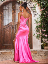 Sheath Spaghetti Straps Stretch Satin Long Dresses With Slit Azalea