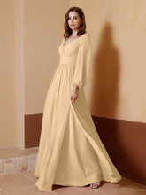 A-Line Pleated Chiffon Dress with Long Sleeves Champagne