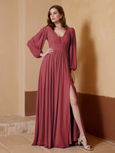A-Line Pleated Chiffon Dress with Long Sleeves Cinnamon Rose