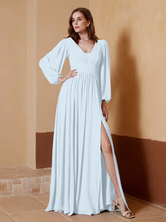 A-Line Pleated Chiffon Dress with Long Sleeves Mist
