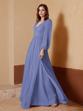 A-Line Pleated Chiffon Dress with Long Sleeves Periwinkle