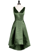 High Low Satin Birdesmaid Dress with V Neck Olive Green