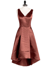 High Low Satin Birdesmaid Dress with V Neck Terracotta