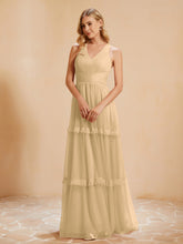 A-Line Pleated Tulle Floor-Length Dress Champagne