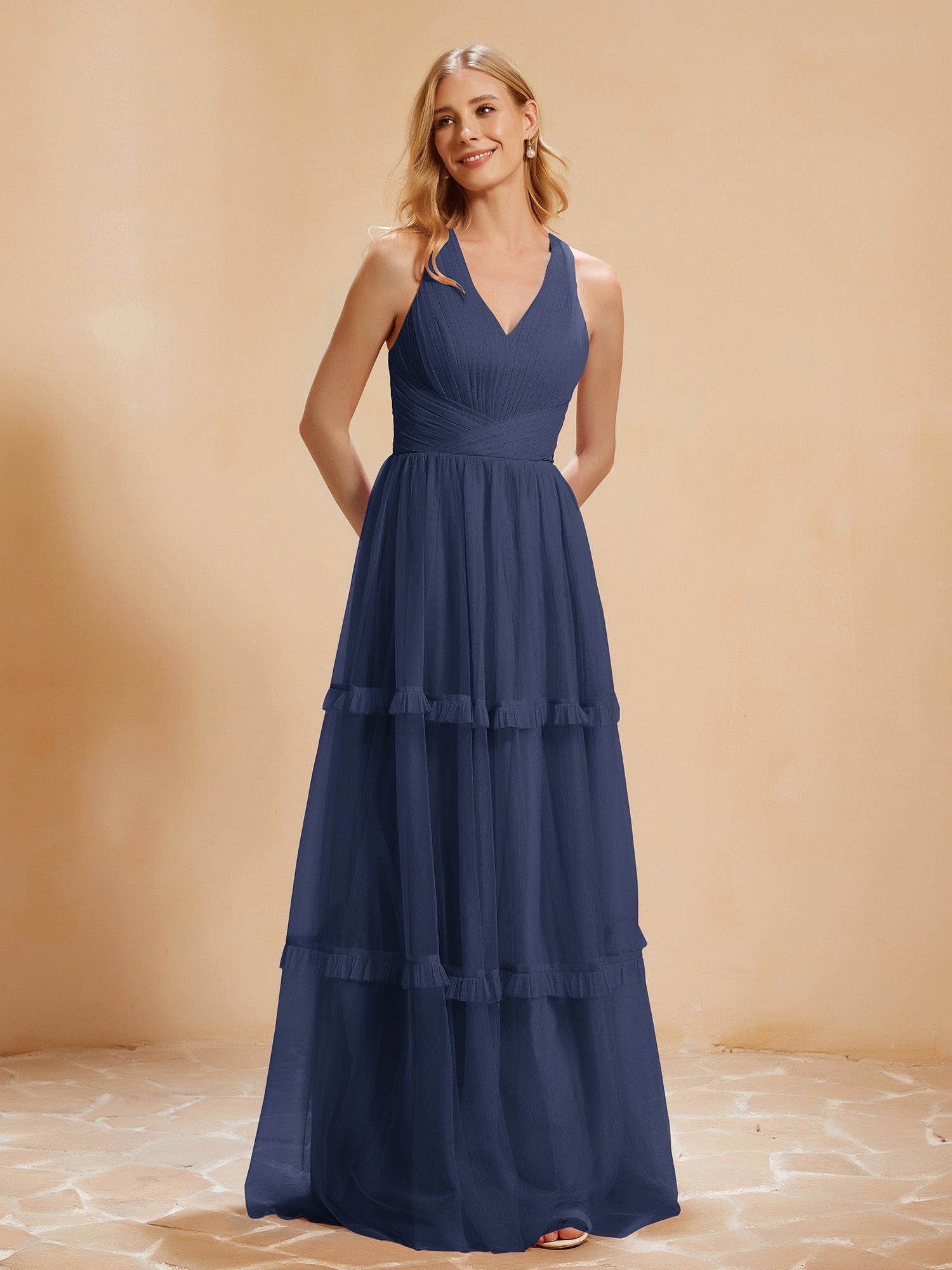 A-Line Pleated Tulle Floor-Length Dress Dark Navy – BABARONI UK