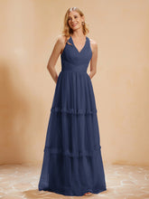 A-Line Pleated Tulle Floor-Length Dress Dark Navy