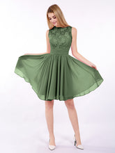Illusion Neck Chiffon and Lace Short Dress Olive Green