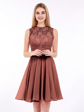 Illusion Neck Chiffon and Lace Short Dress Terracotta