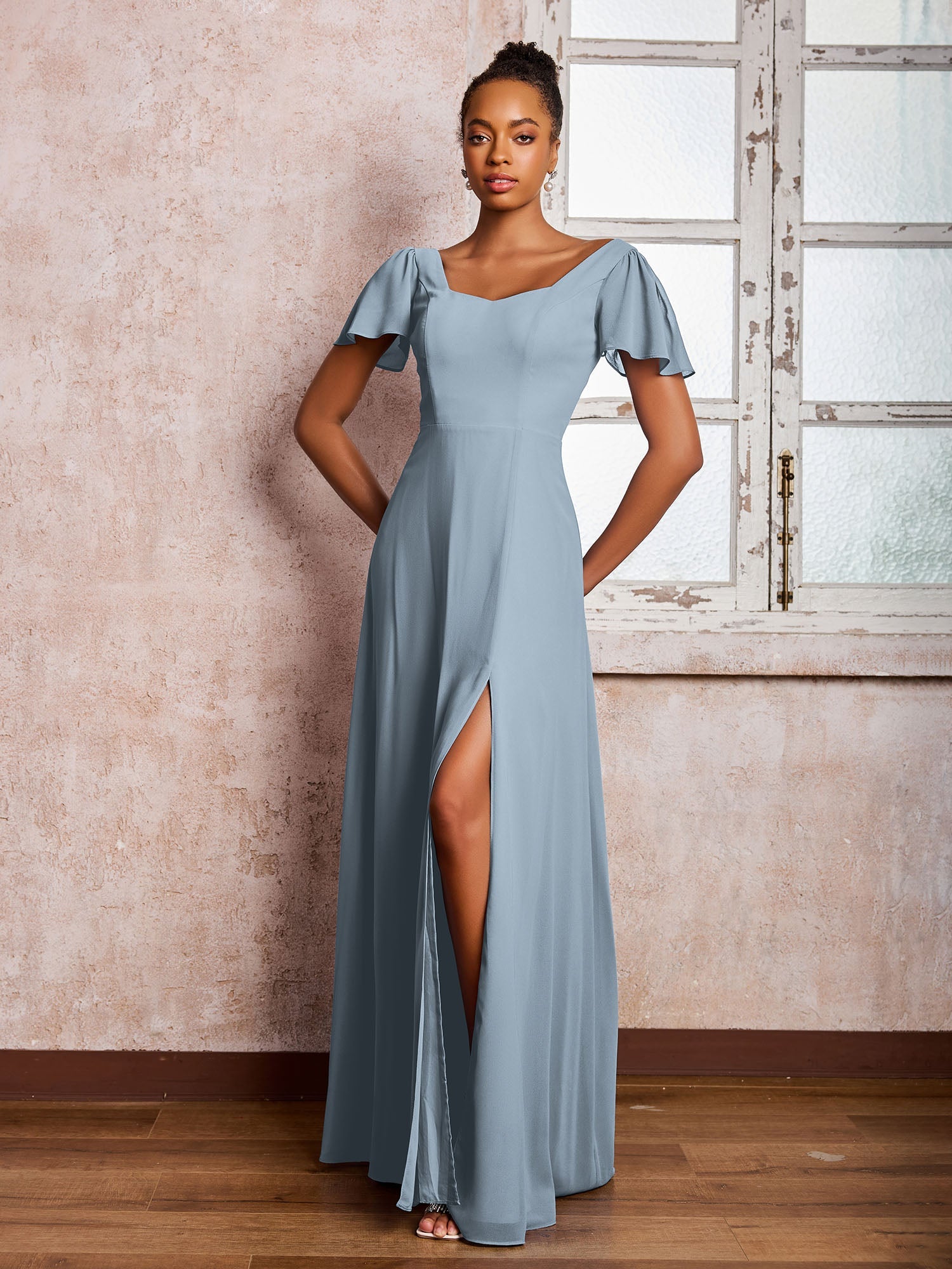 A-Line Scoop Flutter Sleeves Chiffon Tea-length Dress White