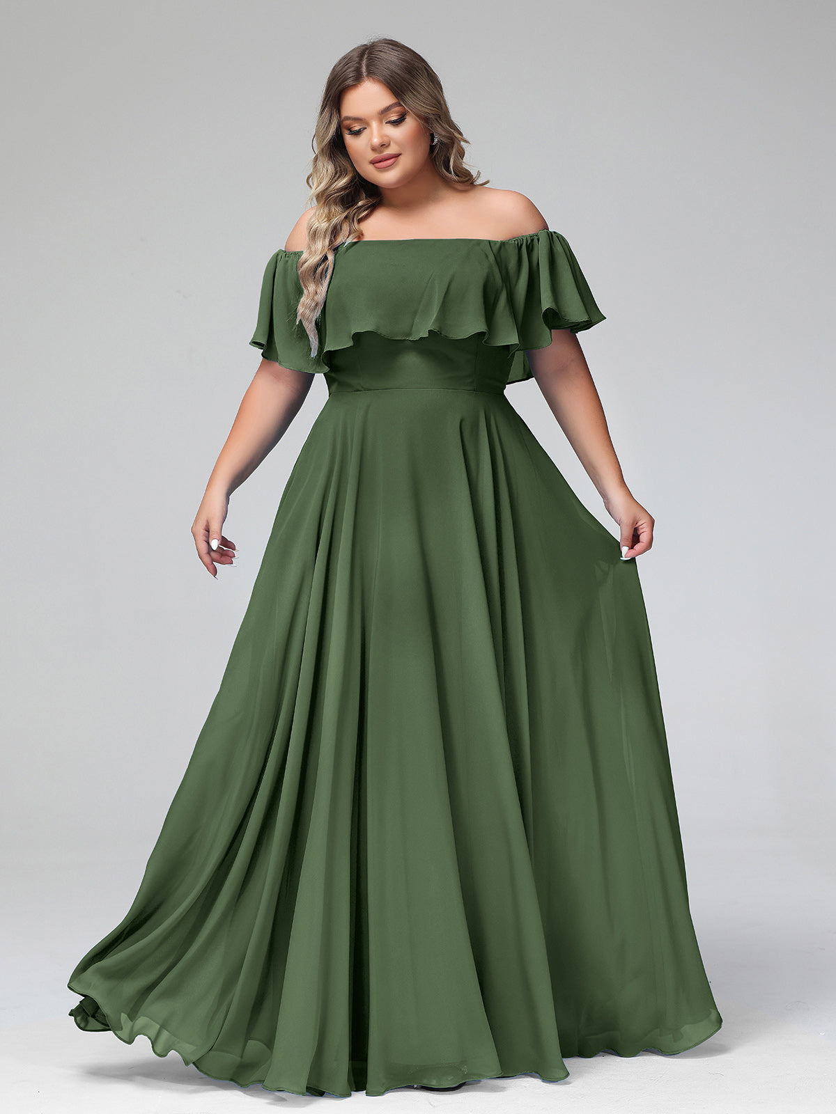 Floor-length Off Shoulder Chiffon Gown Olive Green Plus Size | BABARONI ...