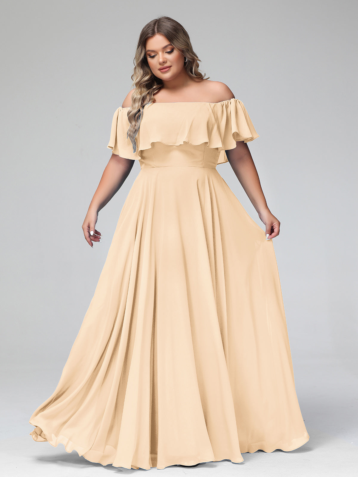 Strapless Long Sheath Chiffon Gown with Slit Peach Plus Size main image 1