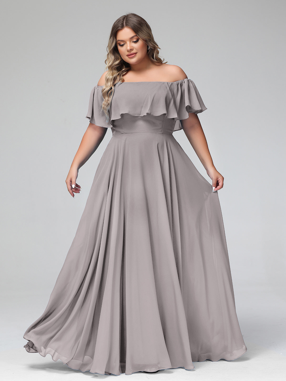 A-Line Off the Shoulder Chiffon Floor-Length Dress Sage Plus Size main image 1