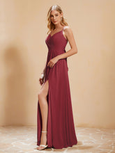 A-Line Pleated Chiffon Dress with V-Neck Cinnamon Rose