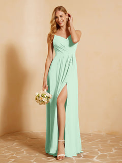 A-Line Pleated Chiffon Dress with V-Neck Mint Green