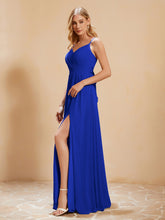 A-Line Pleated Chiffon Dress with V-Neck Royal Blue
