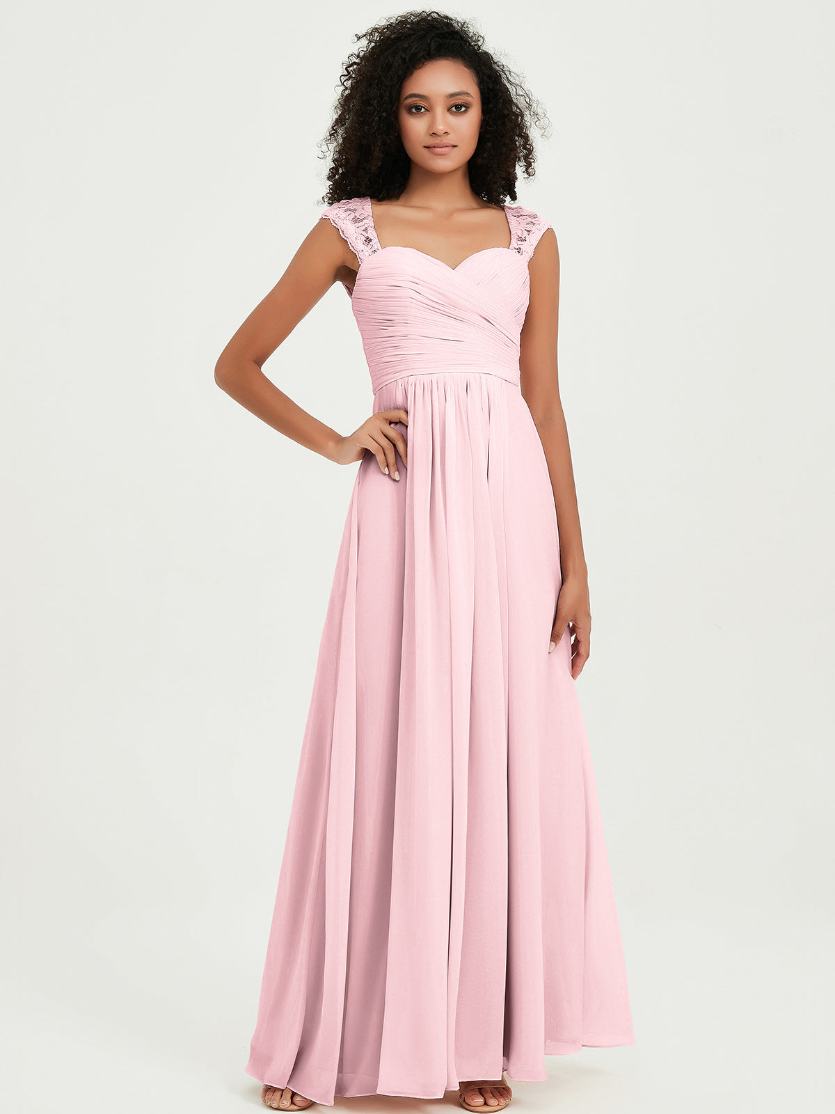 BABARONI Chiffon Lace Blushing Pink Bridesmaid Dresses A-line Sweetheart Cap Sleeve Floor-length BABARONI UK BABARONI Chiffon Lace Blushing Pink Bridesmaid Dresses A-line Sweetheart Cap Sleeve Floor-length BABARONI UK