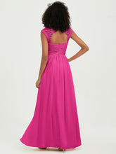 Chiffon Bridesmaid Dresses with Lace Cap Sleeves Fuchsia