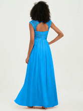 Chiffon Bridesmaid Dresses with Lace Cap Sleeves Ocean Blue