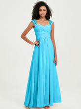 Chiffon Bridesmaid Dresses with Lace Cap Sleeves Pool