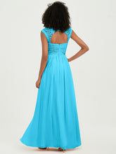 Chiffon Bridesmaid Dresses with Lace Cap Sleeves Pool