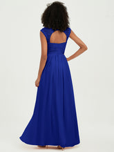 Chiffon Bridesmaid Dresses with Lace Cap Sleeves Royal Blue