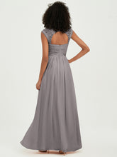 Chiffon Bridesmaid Dresses with Lace Cap Sleeves Silver