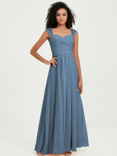 Chiffon Bridesmaid Dresses with Lace Cap Sleeves Slate Blue