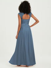 Chiffon Bridesmaid Dresses with Lace Cap Sleeves Slate Blue