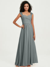 Chiffon Bridesmaid Dresses with Lace Cap Sleeves Steel Grey