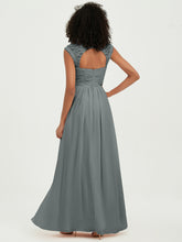 Chiffon Bridesmaid Dresses with Lace Cap Sleeves Steel Grey