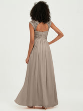 Chiffon Bridesmaid Dresses with Lace Cap Sleeves Taupe