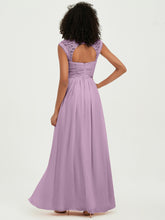 Chiffon Bridesmaid Dresses with Lace Cap Sleeves Wisteria